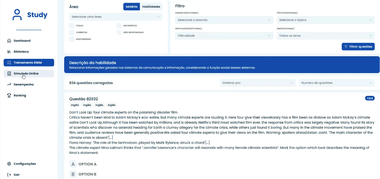 Telas de uma plataforma de estudos redesenhada, com layout limpo e tipografia moderna